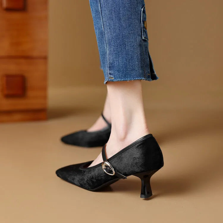 Women's black square toe stiletto heel ankle-strap shoes with horse hair upper