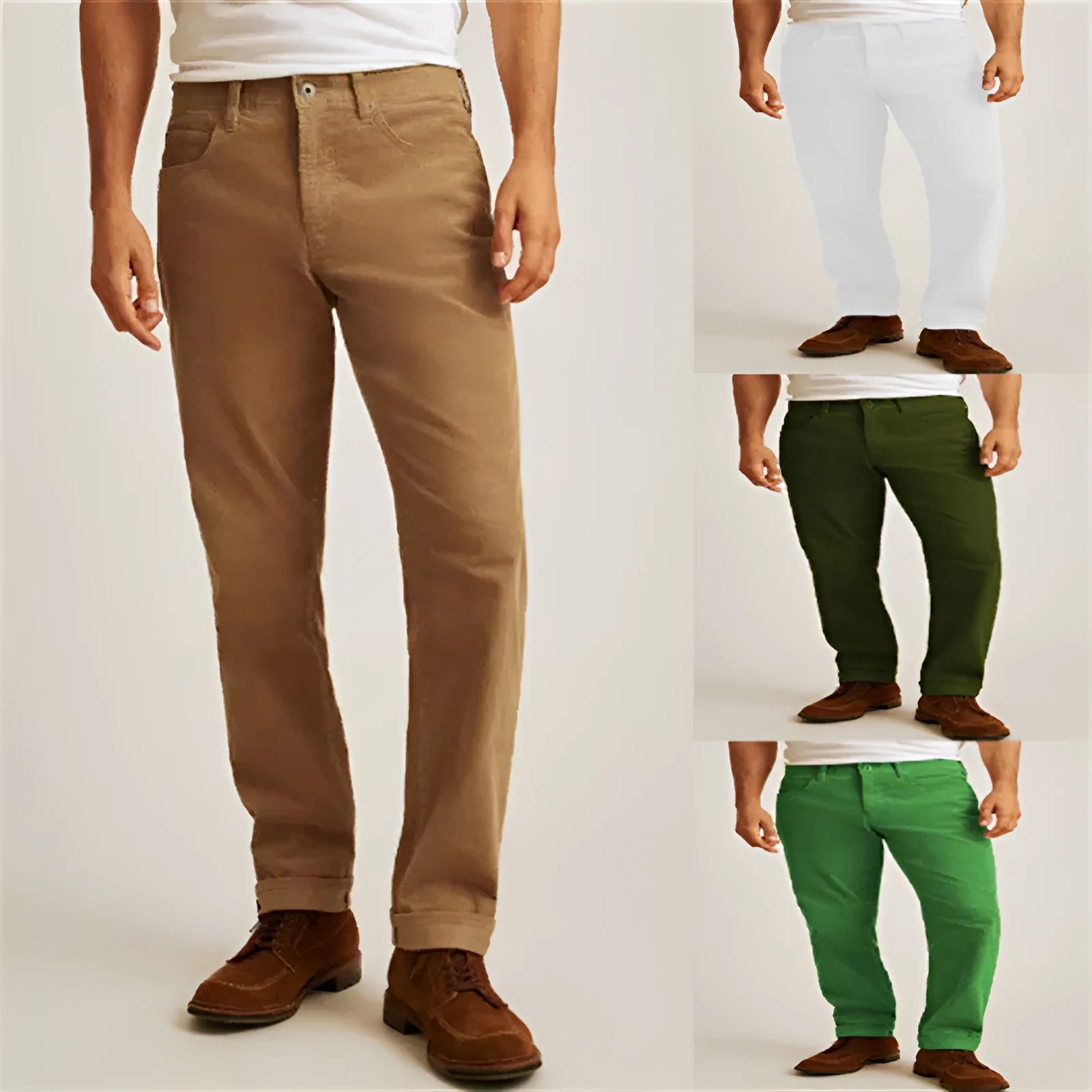 Loose fit solid green corduroy casual straight leg trousers on a mid-waist.
