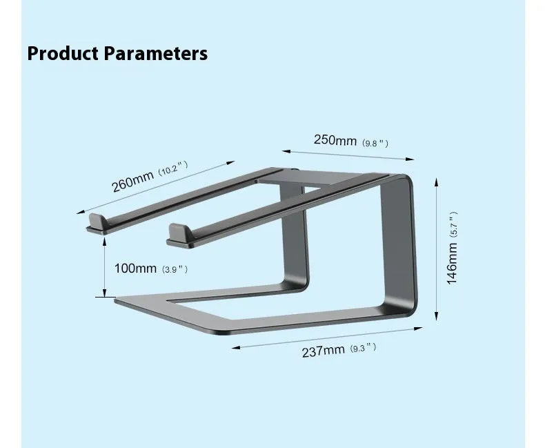 Black aluminium alloy laptop stand on wooden desk with laptop positioned on top