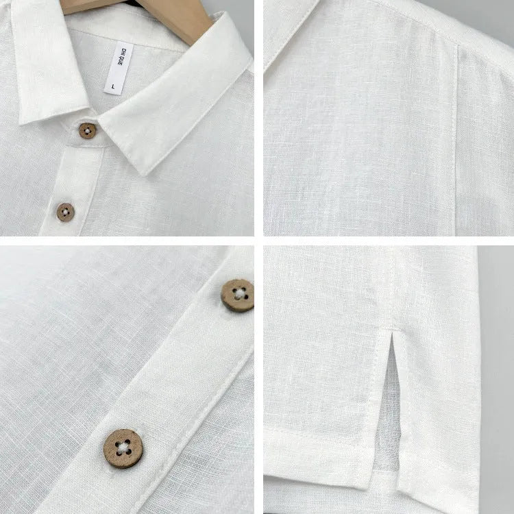 Men's loose-fit linen short-sleeve top with thin lapels in grey green.