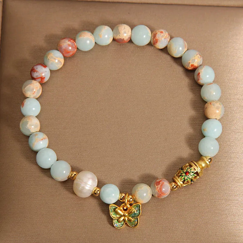 Blue women's bracelet with Shoushan stone and freshwater pearl butterfly pendant jewellery