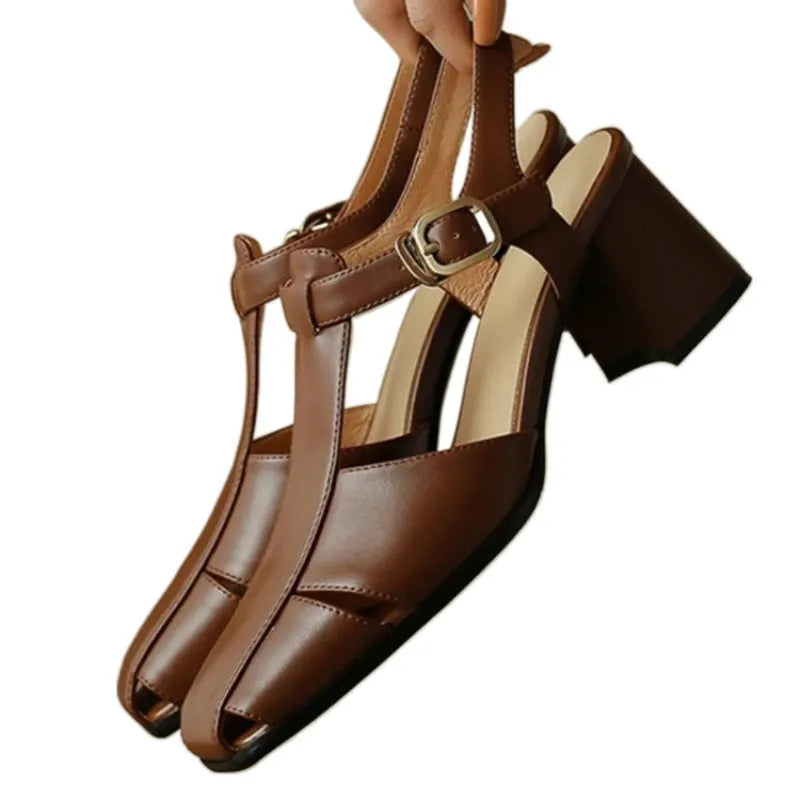 Women's closed toe chunky heel sandals in dark brown or black, retro hollow design, sizes 35-40