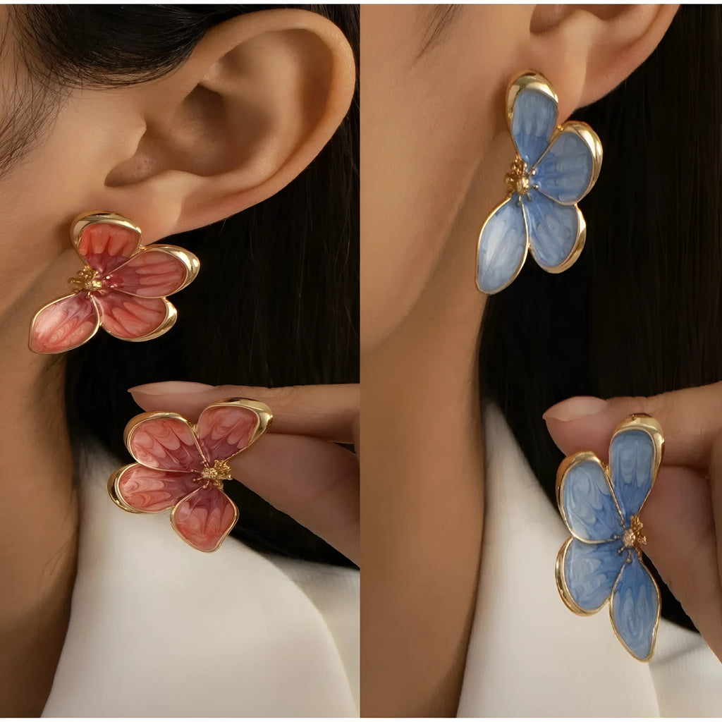 Alloy three-dimensional flower drop dangle earrings in blue and red for women