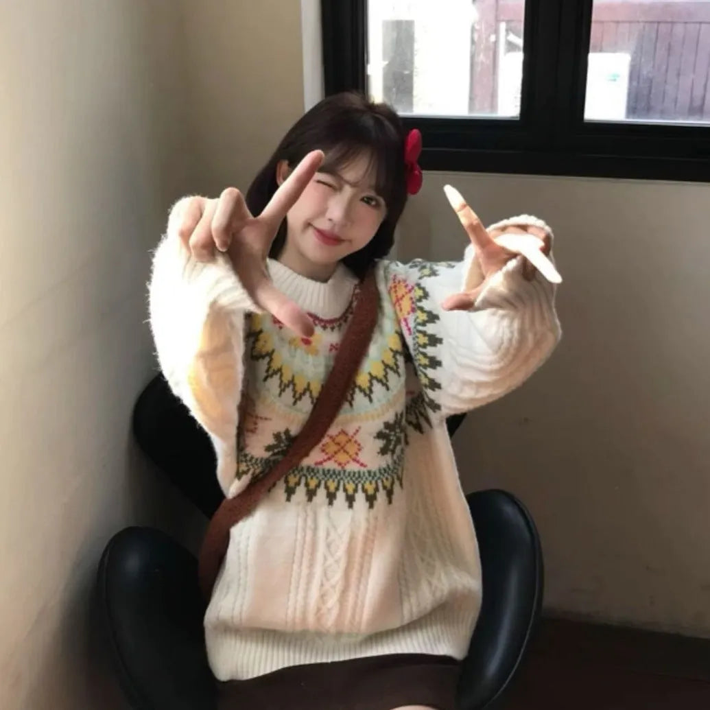 Women's milky white lantern sleeve loose mori knitwear pullover sweater