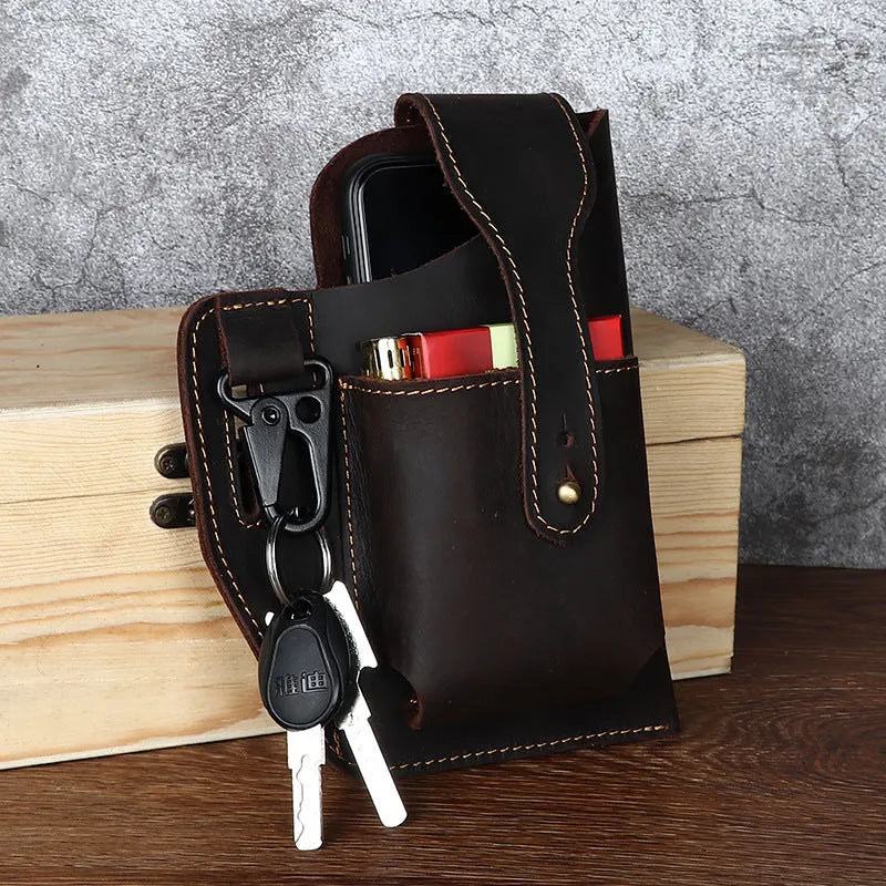 Men's retro leather belt phone bag with car suture detailing in black, brown, dark coffee or yellow wheat