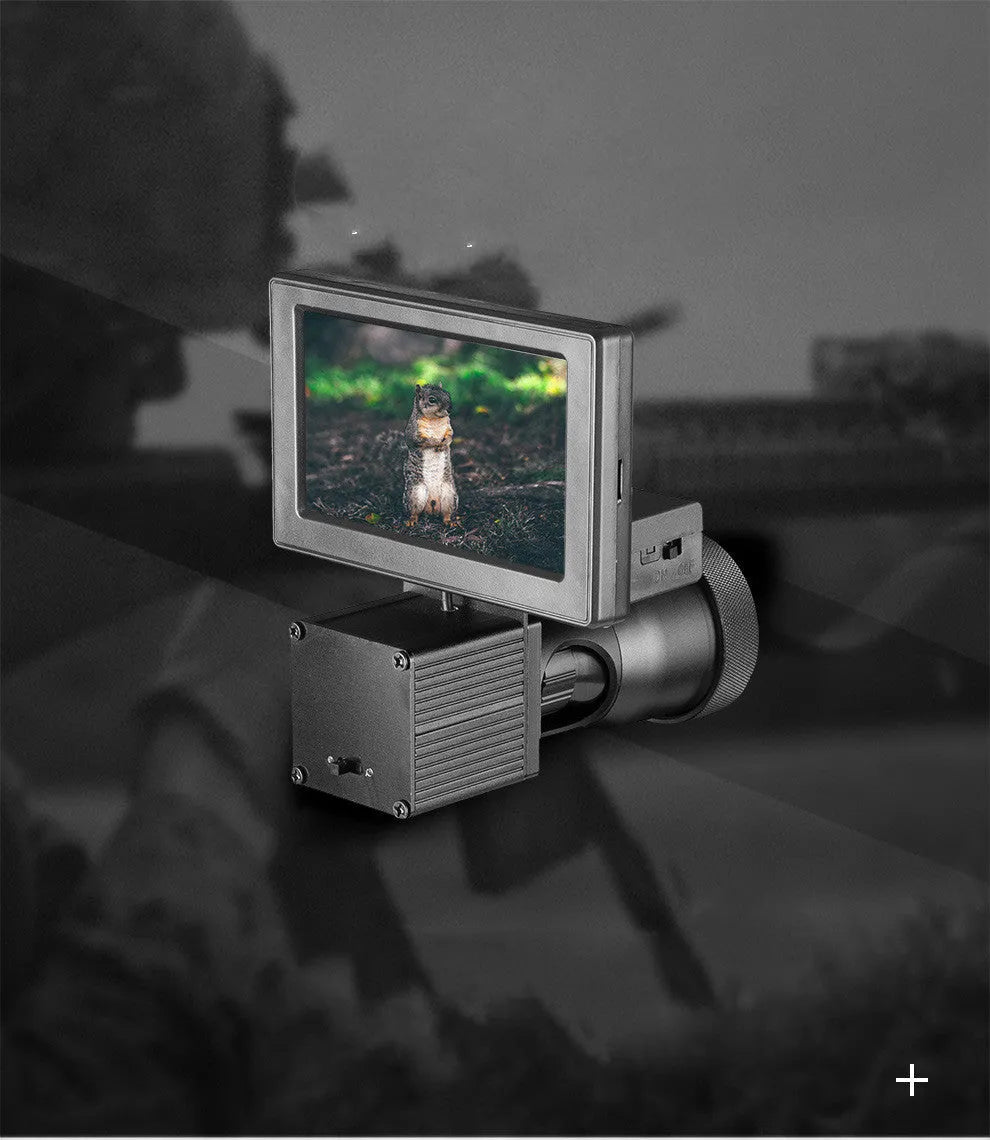 Black digital night vision monocular with lens and 4.3-inch screen, shown with two 18650 batteries.