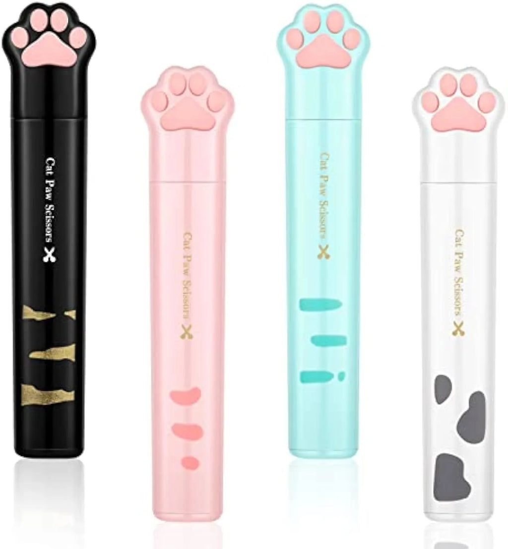 Cat paw mini folding scissors in four colours showing closed safety position and decorative handles