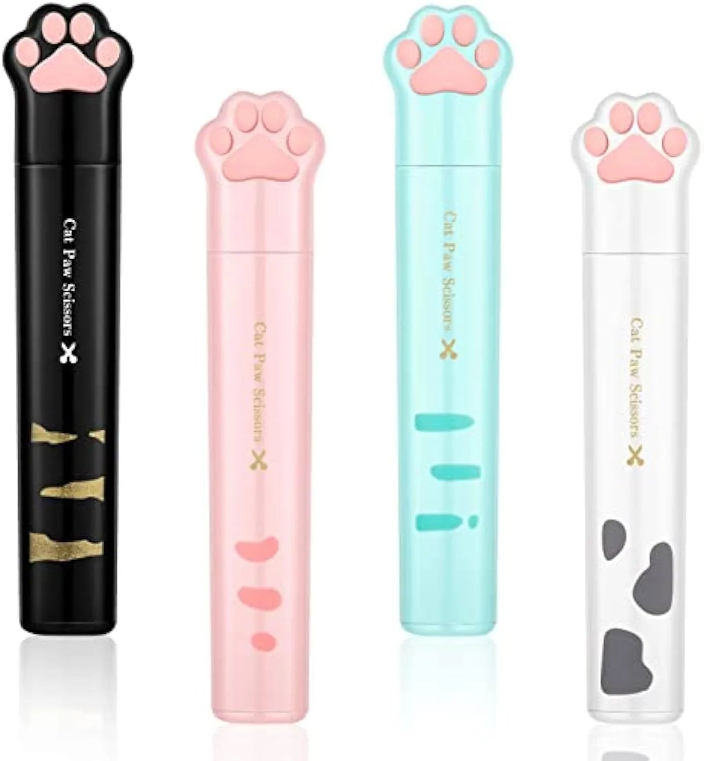 Cat paw mini folding scissors in four colours showing closed safety position and decorative handles