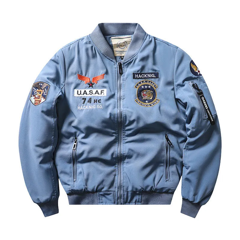 Men's slim-fit black retro embroidered motorcycle coat with a stand collar and patch pockets.