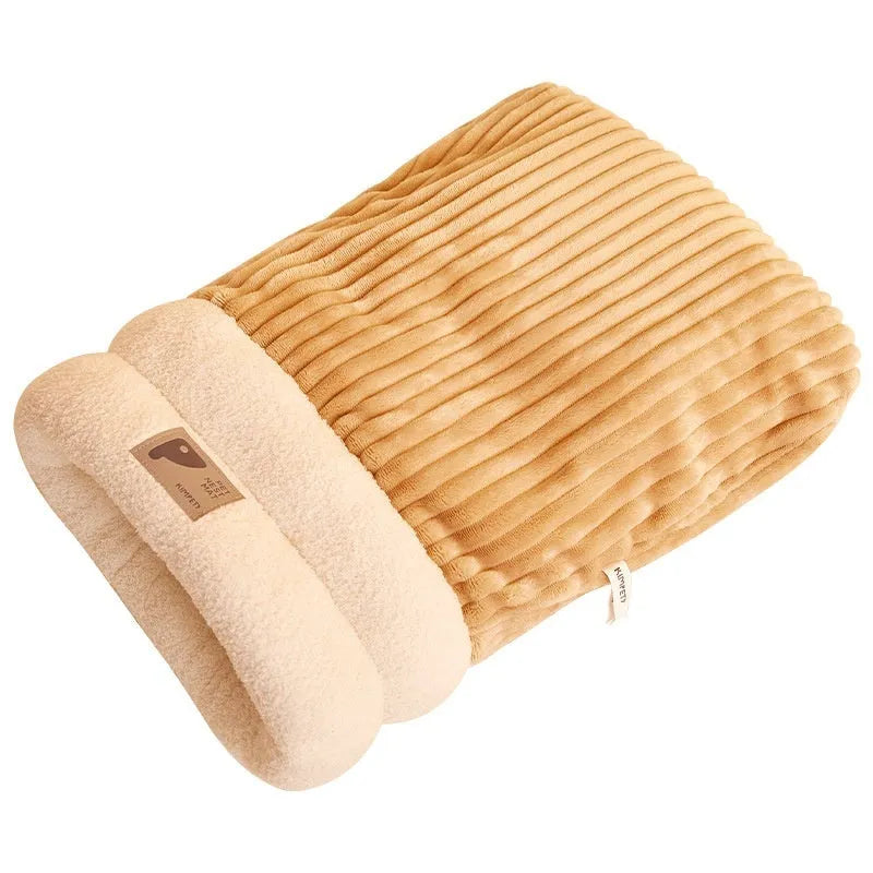 Brown plush semi-enclosed cat sleeping bag with thick stripes, shown on a floor.