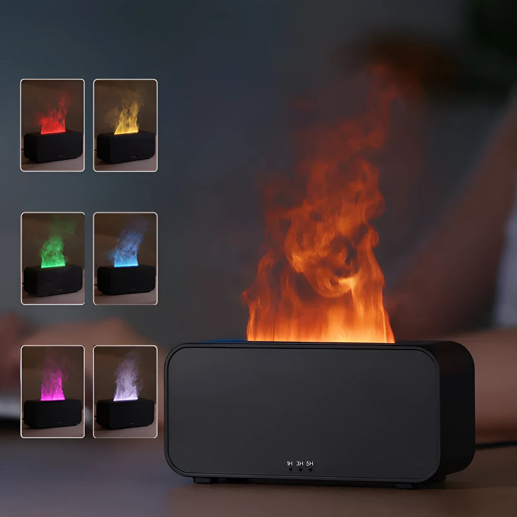 White USB aromatherapy flame diffuser humidifier with mood lighting on a wooden table.