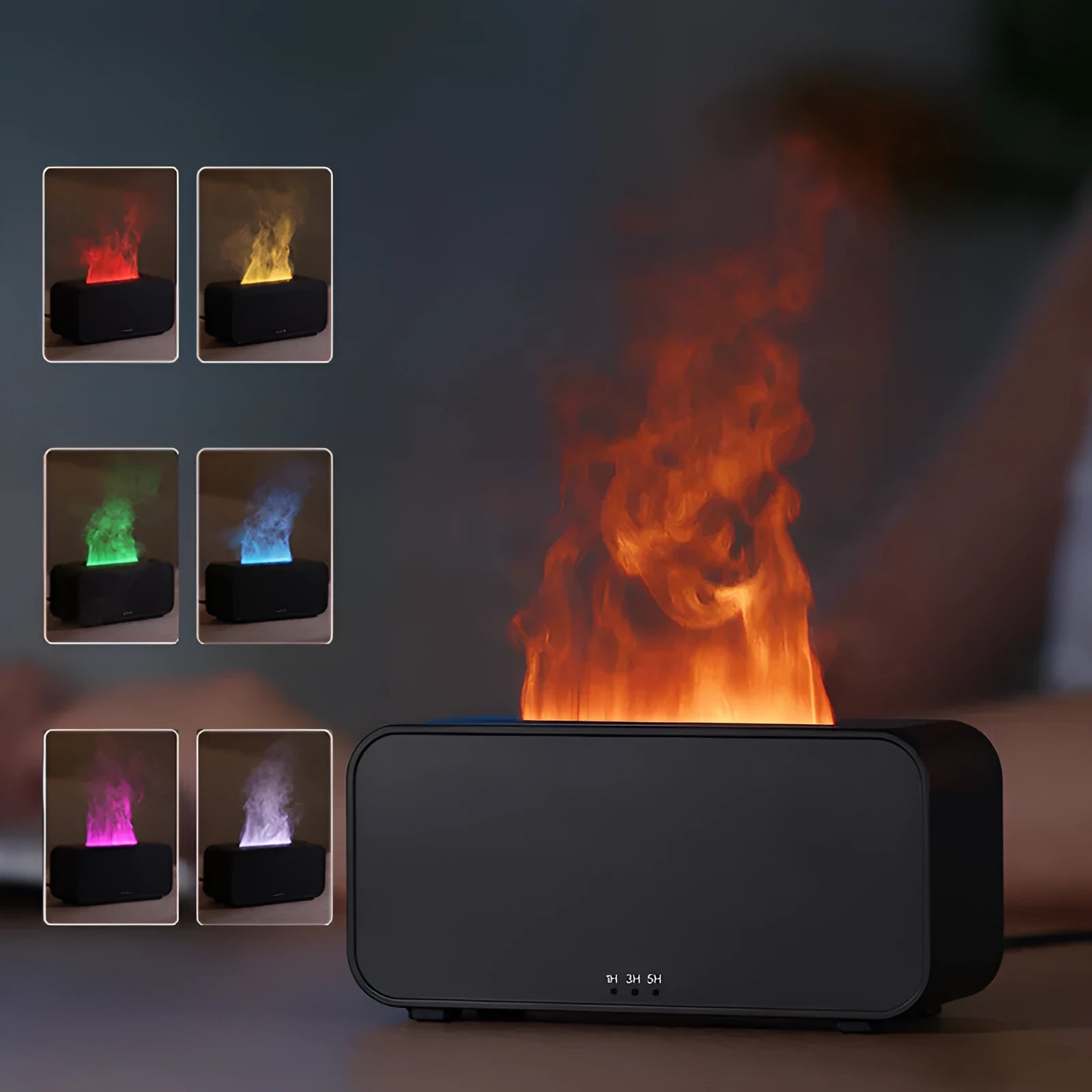White USB aromatherapy flame diffuser humidifier with mood lighting on a wooden table.