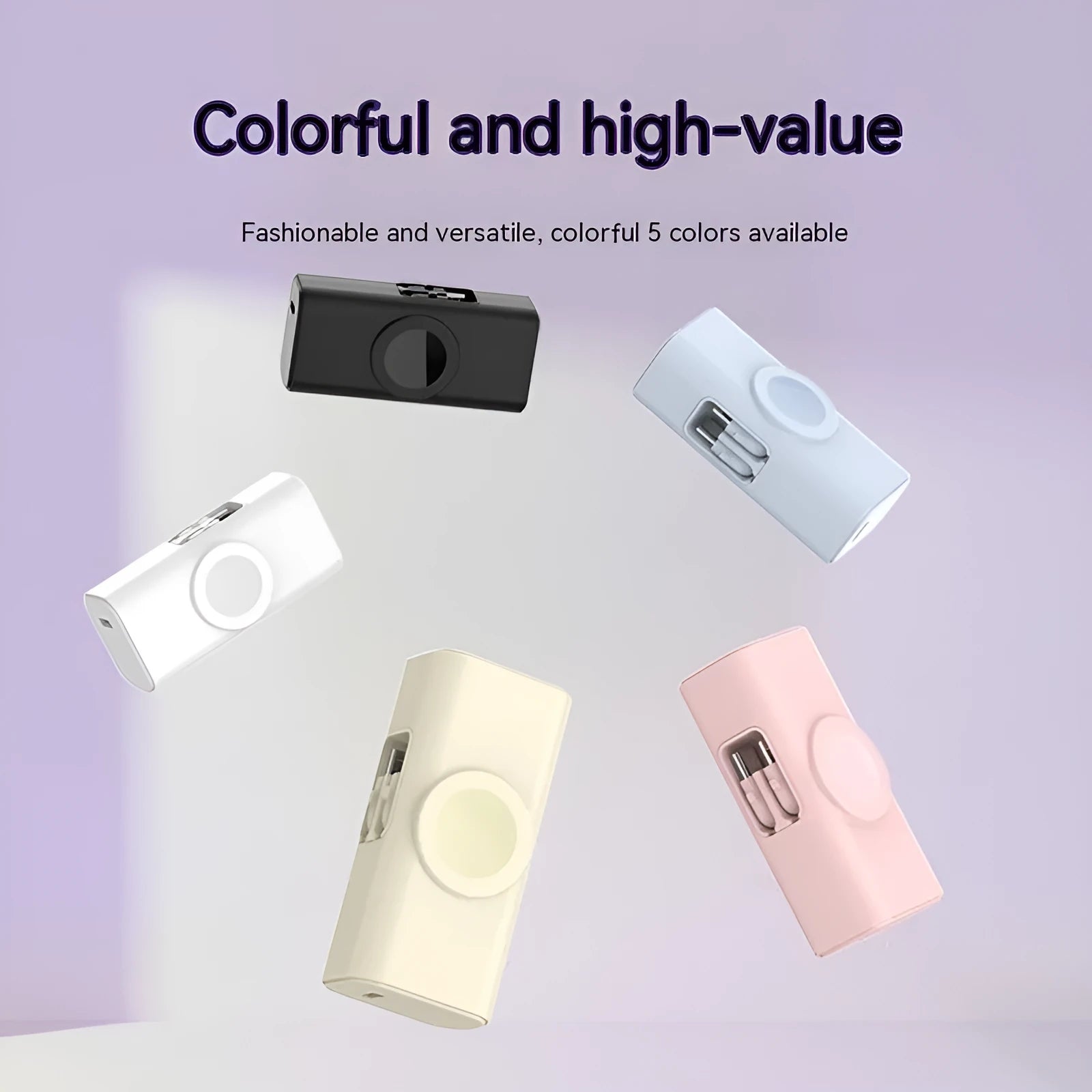Portable 5000mAh power bank with folding double head charger, compact capsule design in black plastic