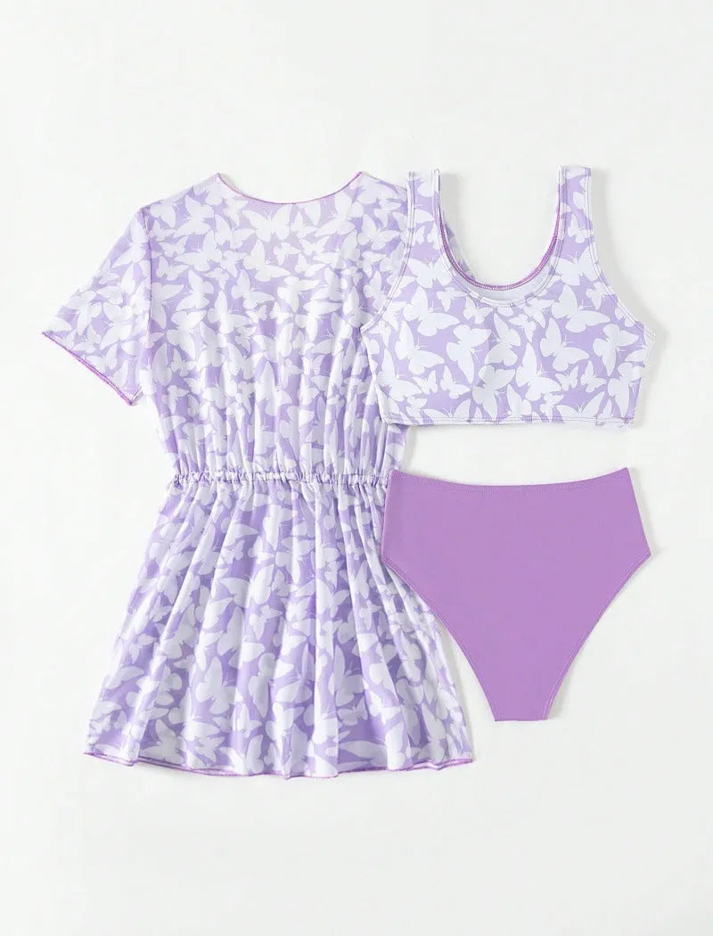 Girls' three piece split swimsuit set in colour 3218 showing coat, vest and matching briefs