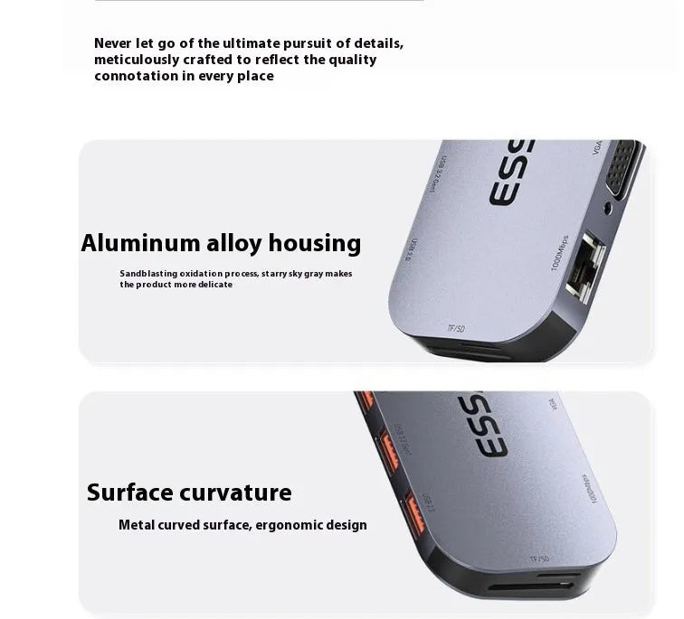 11-in-1 USB Type-C expansion hub with Gigabit Ethernet port and a 20cm integrated cable.