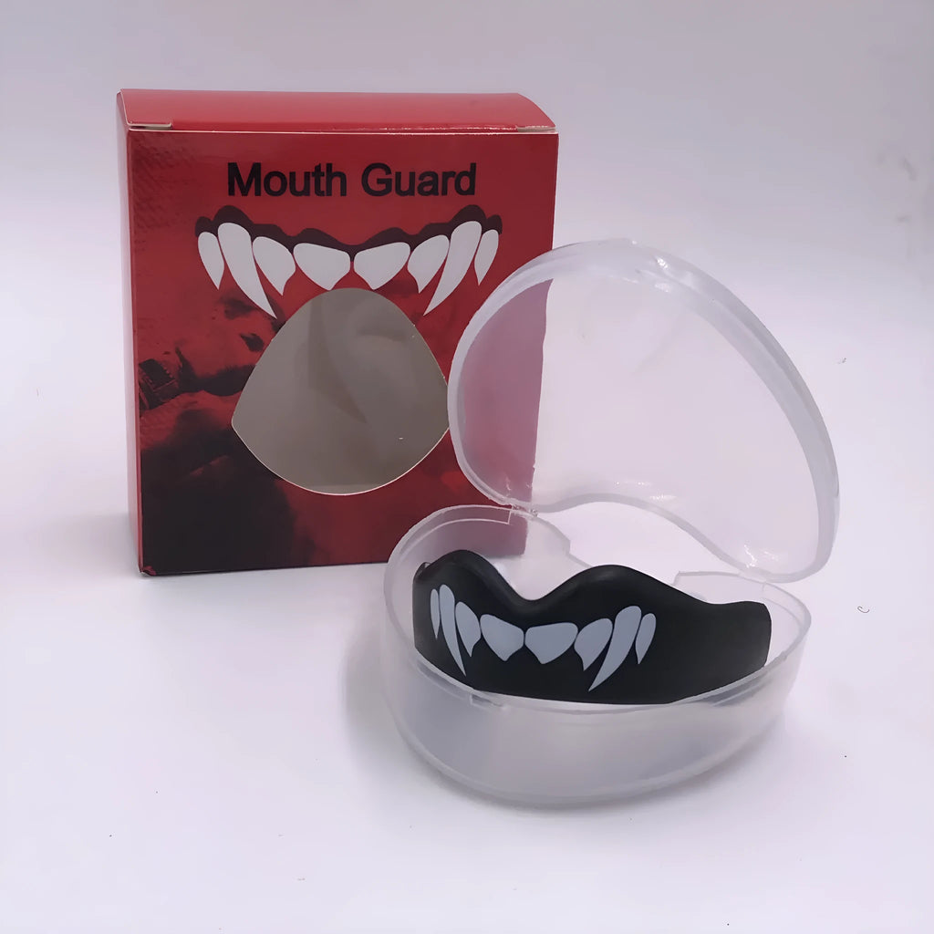 Adult boxing mouthguard with tooth socket design in black and white printed teeth colour