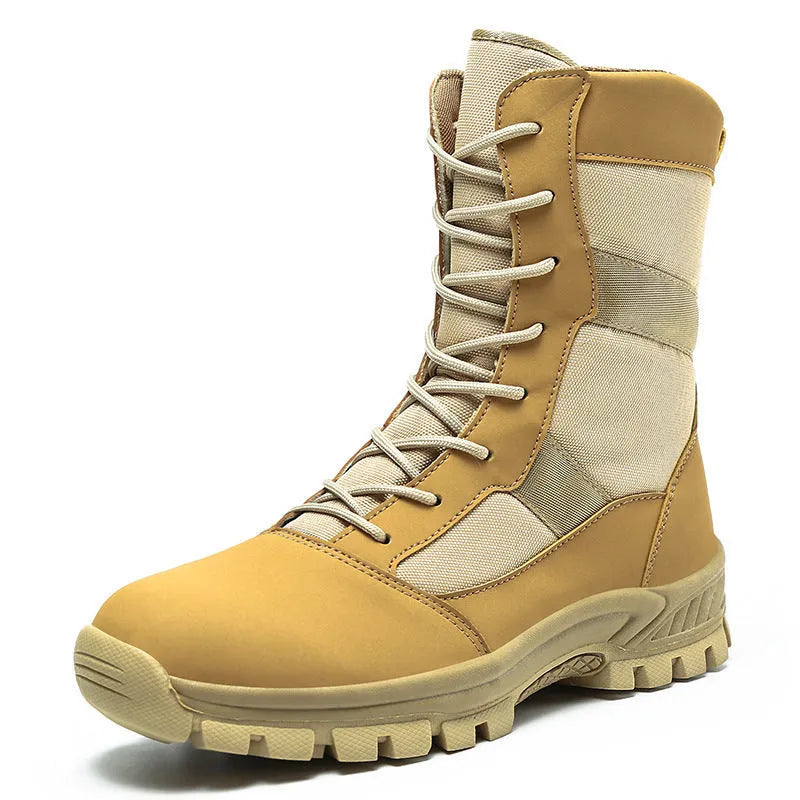 Men's black and camouflage high-top mesh Martin combat boots showing totem detail, side view.