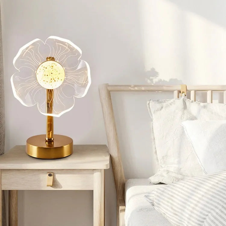 Acrylic table lamp with three-color USB plug-in dimming, shown in a choice of floral and windmill shapes