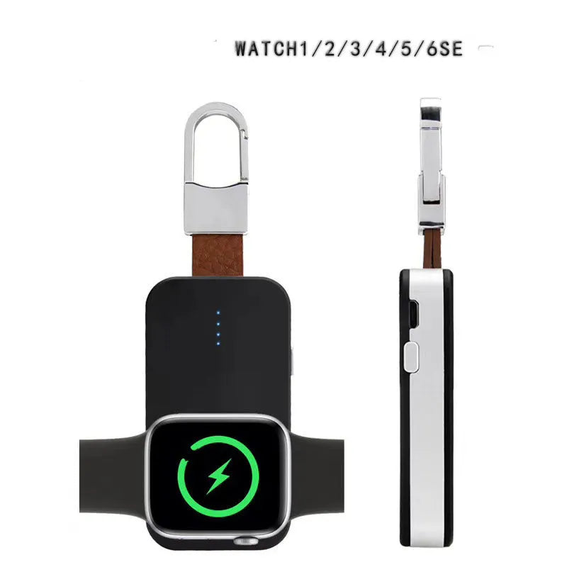 Black Apple Watch portable power bank keychain charger on a keyring.