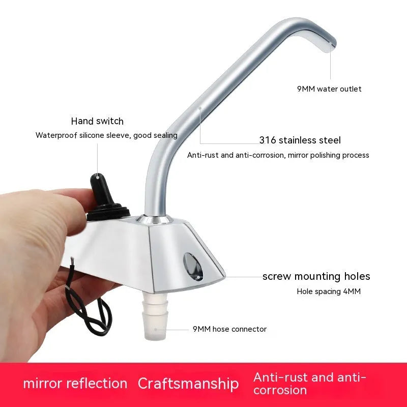 Electronic control RV kitchen faucet in mirror-polished 316 stainless steel with rotating spout.