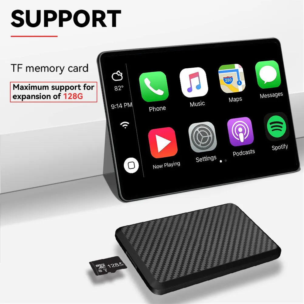 Black plastic wireless CarPlay box with Type-C port and TF card slot, no screen