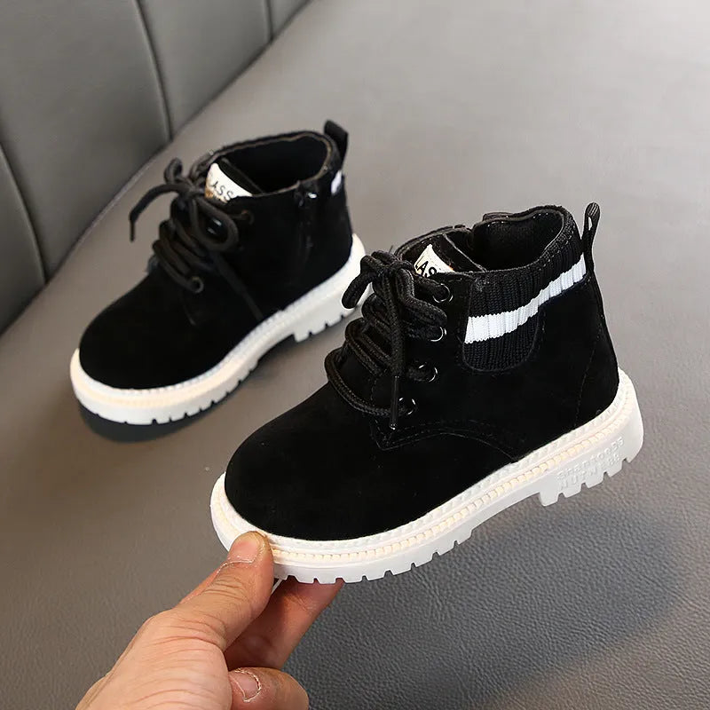 Children's Martin snow boots with side zip, synthetic leather upper, rubber sole, thickened winter design, sizes 21-30.