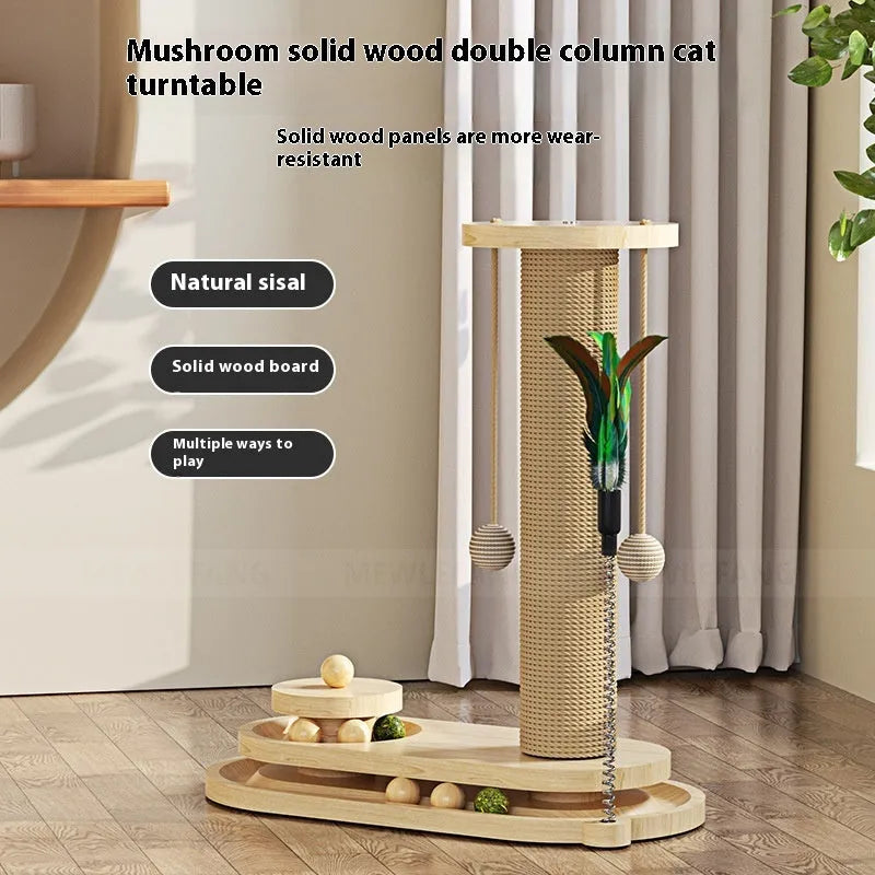 Solid wood cat scratching post with turntable climbing frame in various design options
