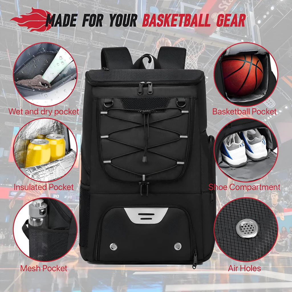 Black oxford cloth basketball training backpack with large main compartment.