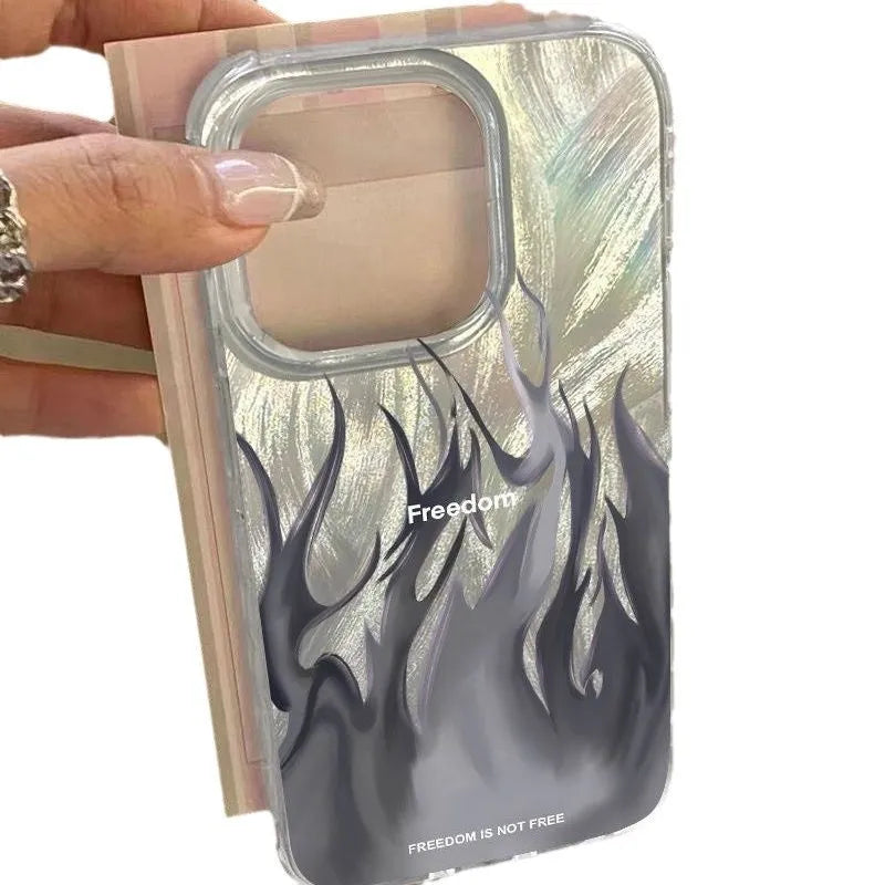 Blue and red flame design on a black silicone iPhone case showing full edge coverage.