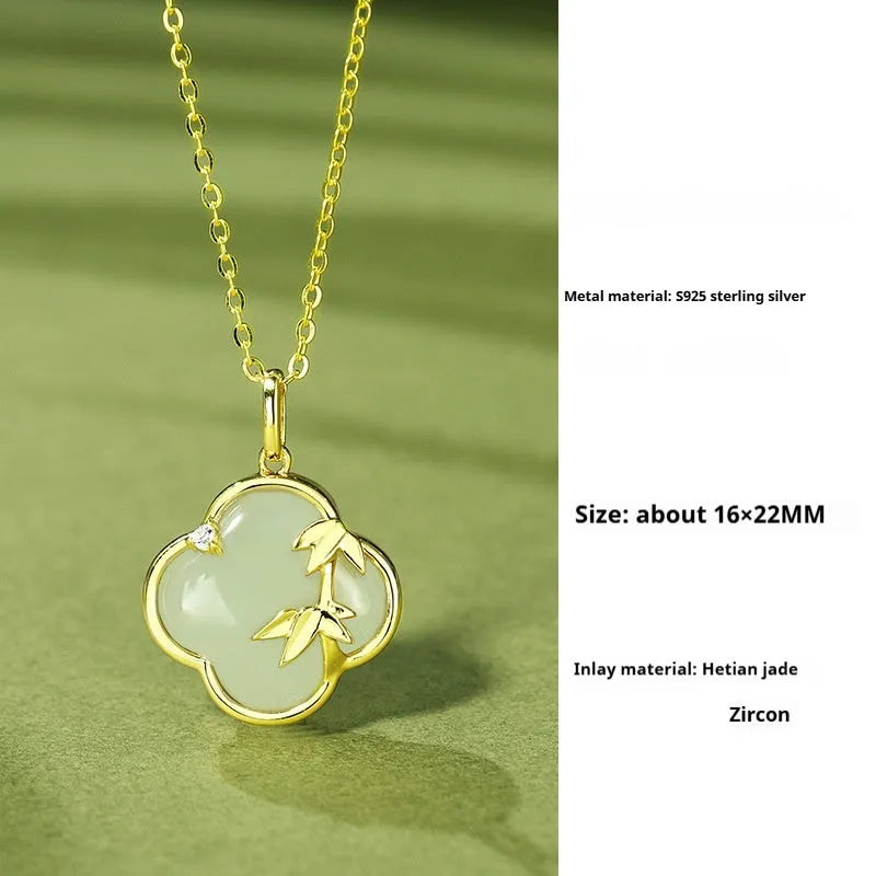 Hetian jade bracelet and necklace set with silver leaf inlay in national style design