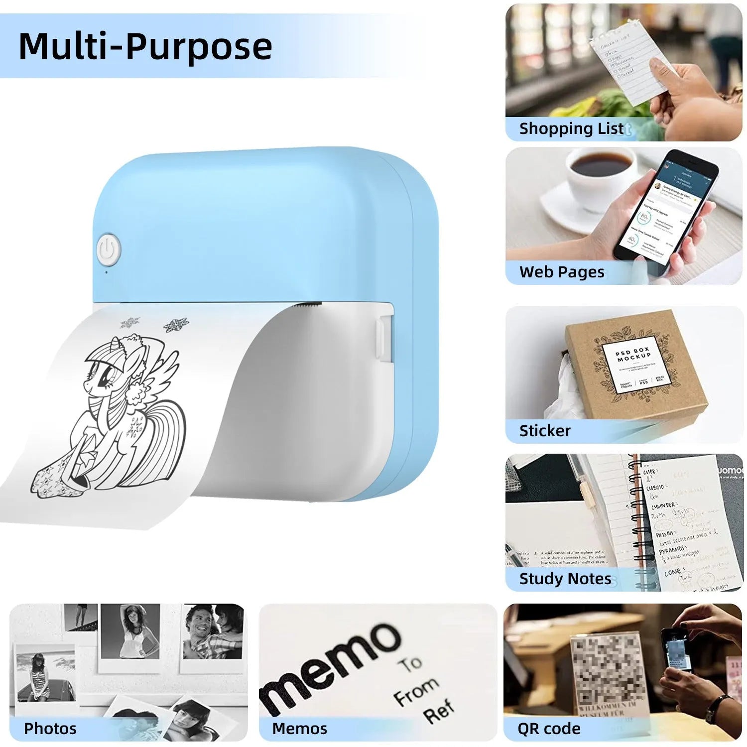 Student mini thermal label printer in blue with USB cable and paper roll