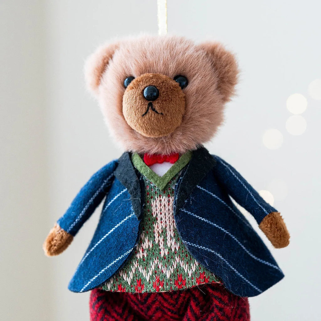 Cartoon style plush bear doll in cotton suit plaid, showing gentleman and princess bear options.
