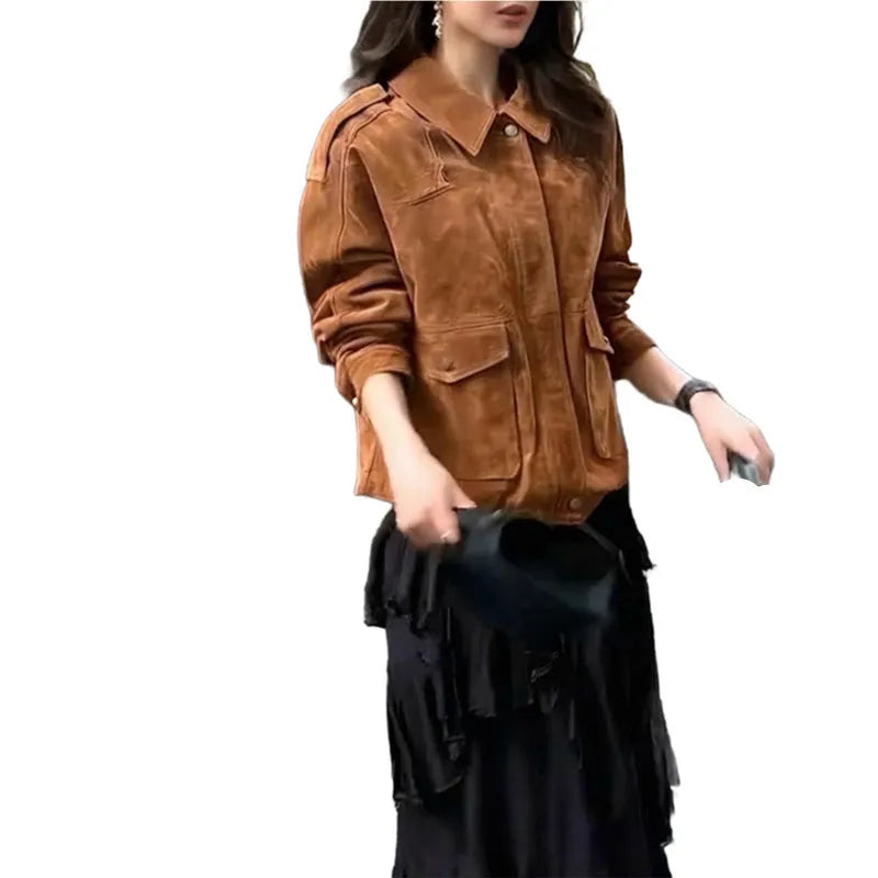 Women's street chic suede coat in bright brown colour with regular sleeves