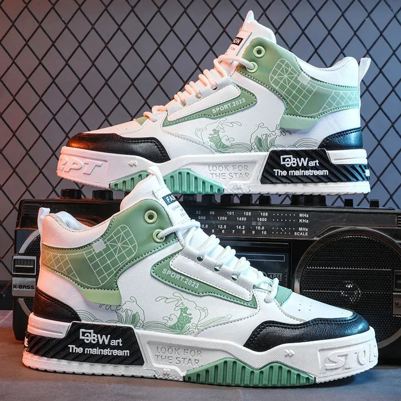 Men's beige, white, and blue high-top board shoes with lace-up front and rubber sole