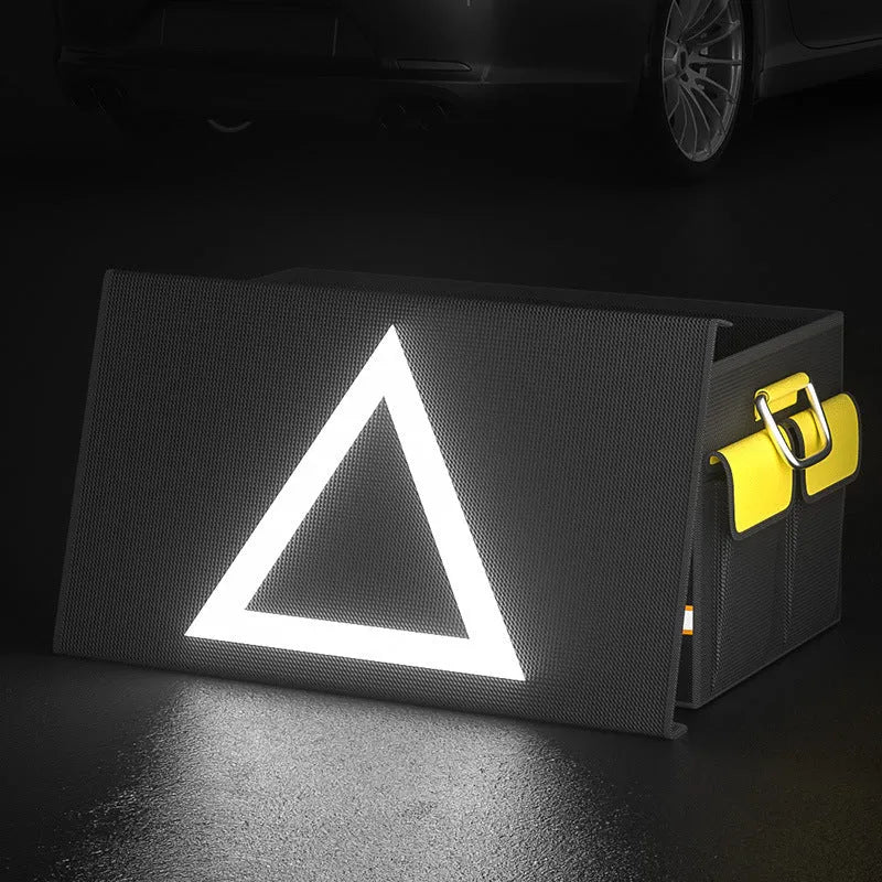 Foldable car boot storage organiser bag in black and yellow waterproof fabric with handle