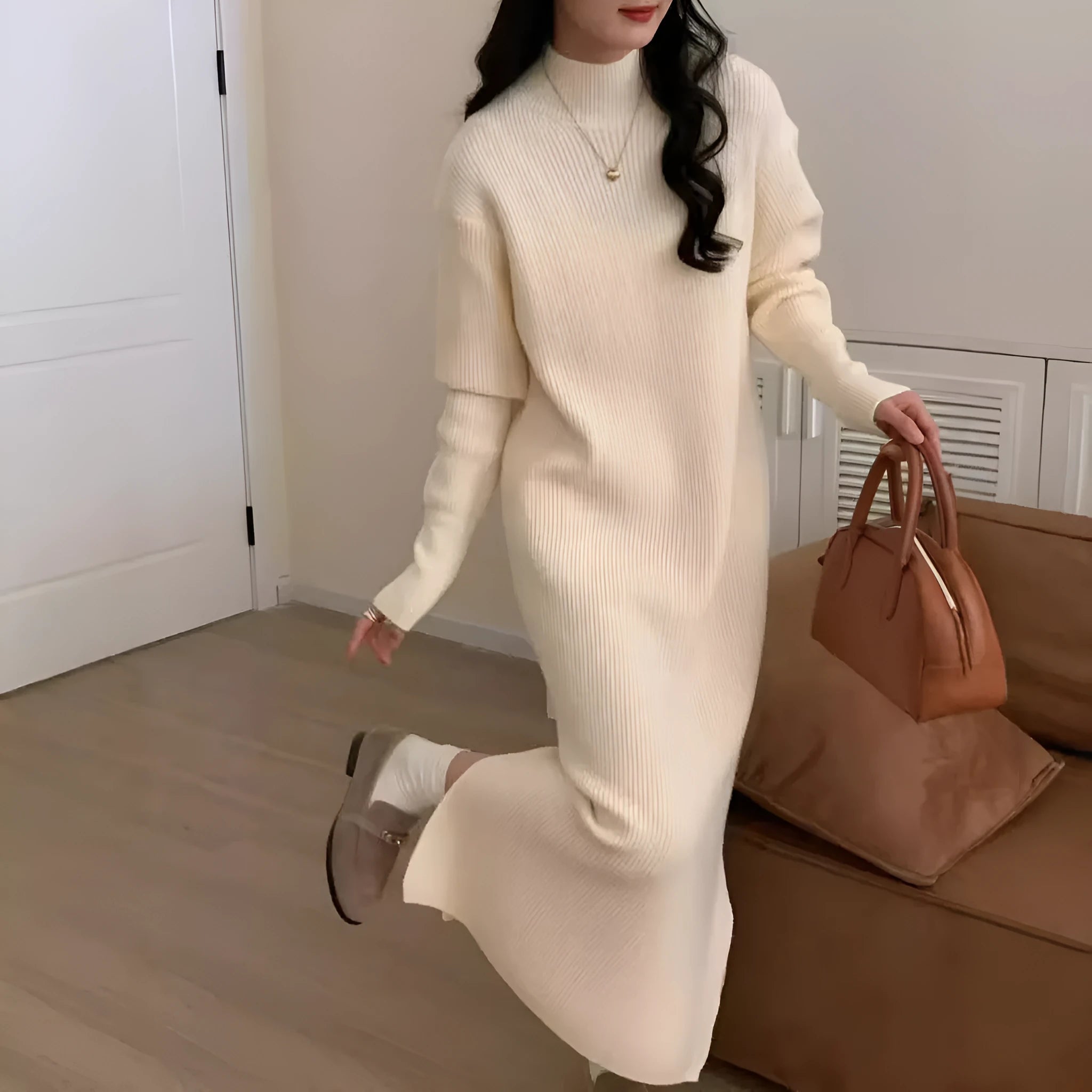 Half turtleneck high-waist knitted dress in acrylic fabric for office wear