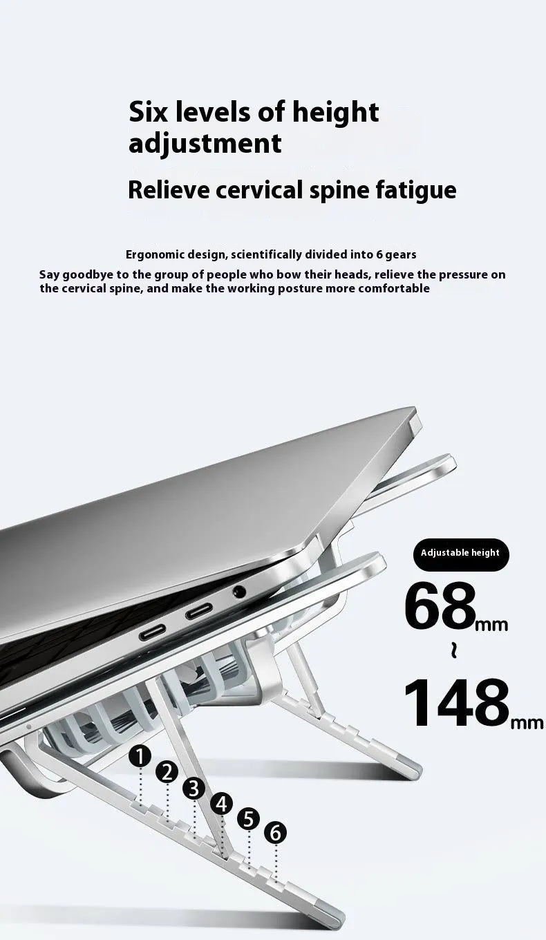 Silver aluminium laptop cooling stand with twin fans and adjustable height, shown folded next to storage bag and USB cable.