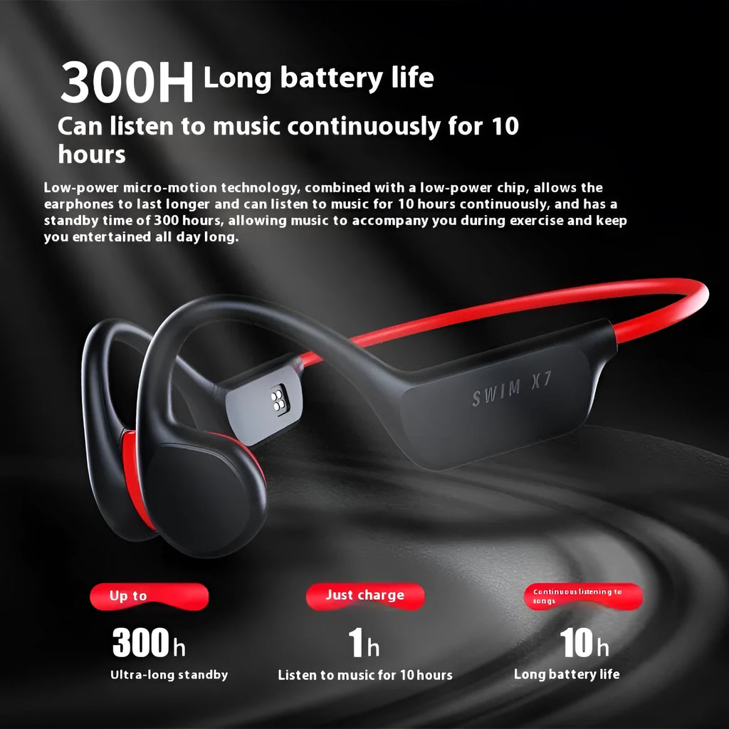 Bone conduction Bluetooth headset in black and red with ear-hook design for sports and waterproof use