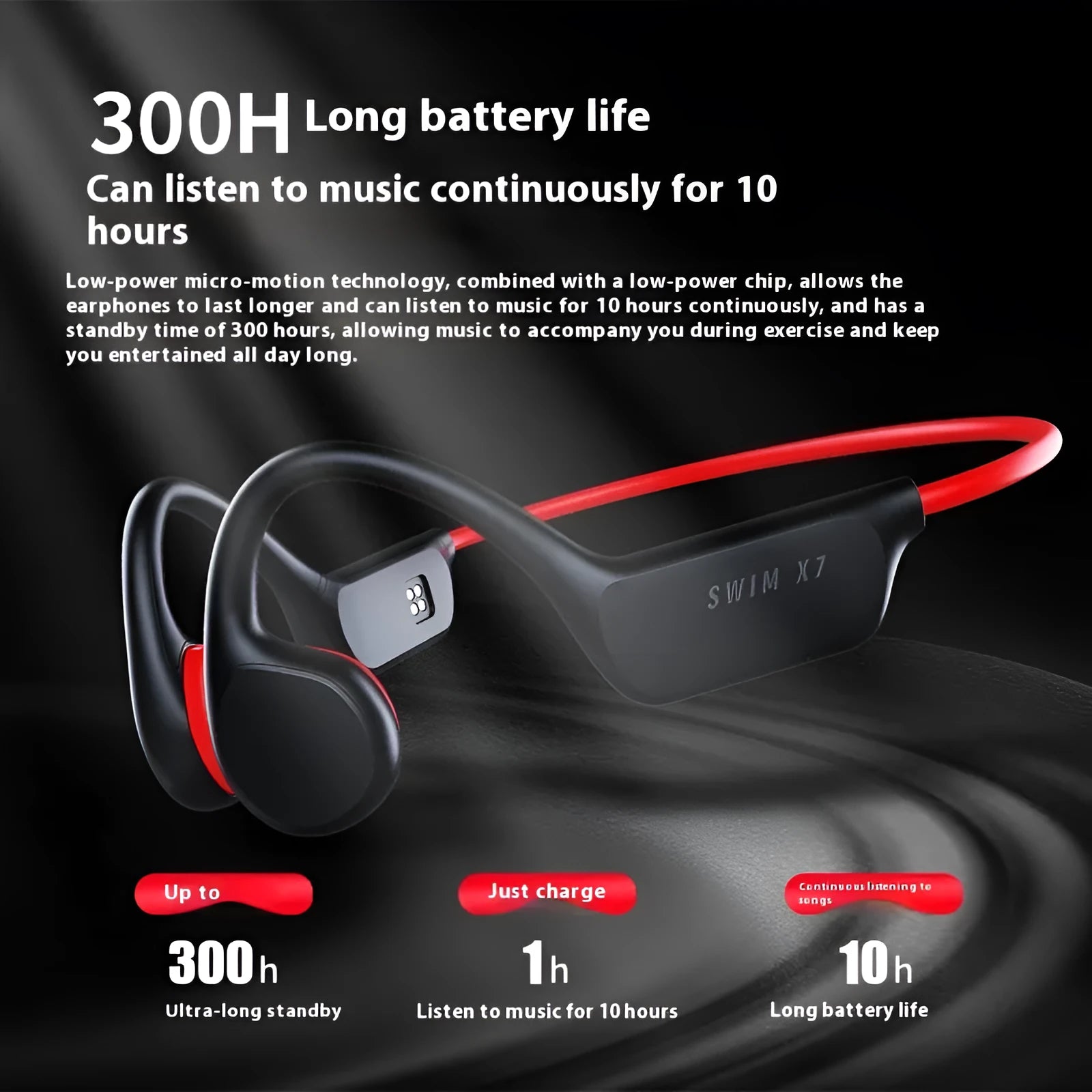 Bone conduction Bluetooth headset in black and red with ear-hook design for sports and waterproof use