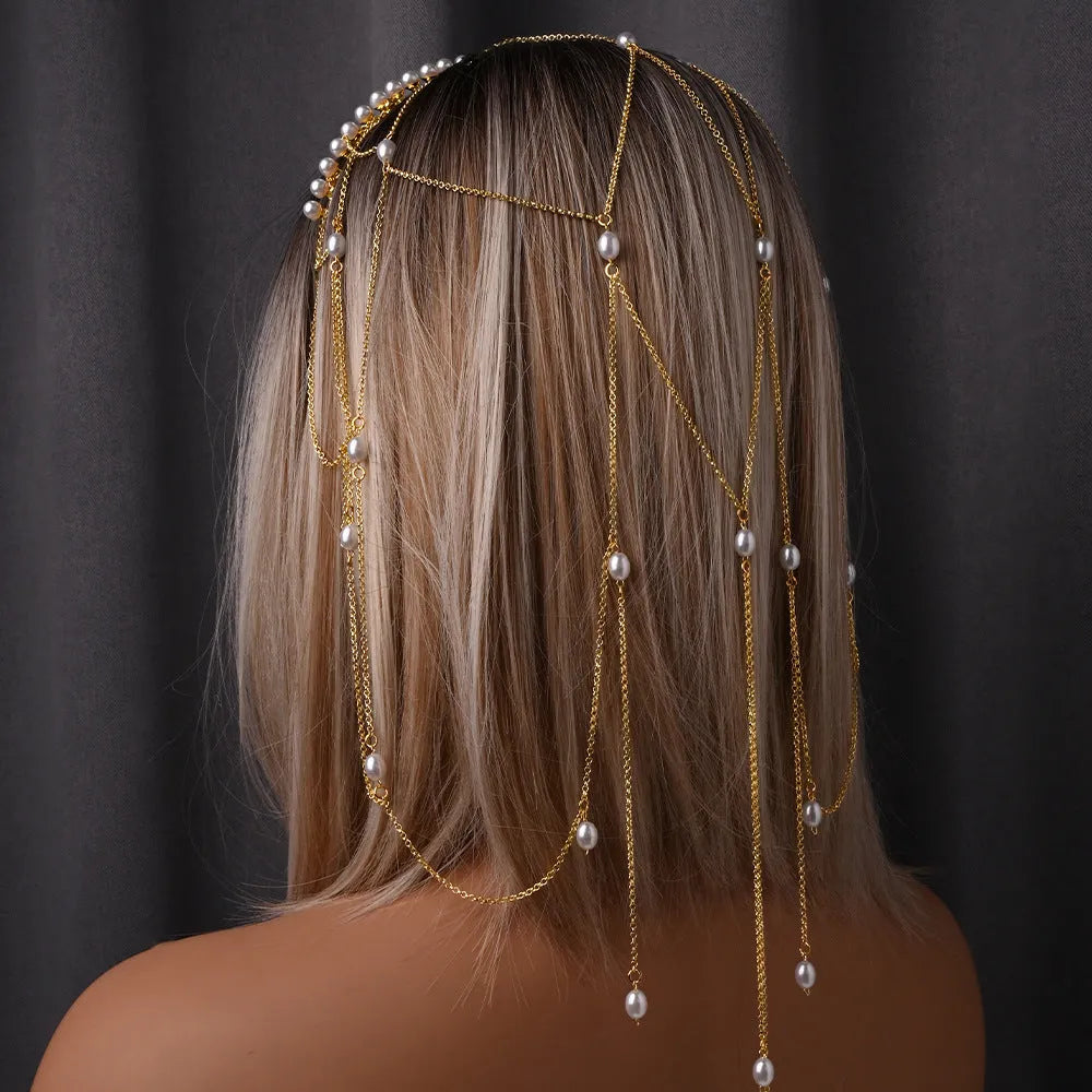 Gold or silver electroplated mesh tassel hair chain for women with pearl accent