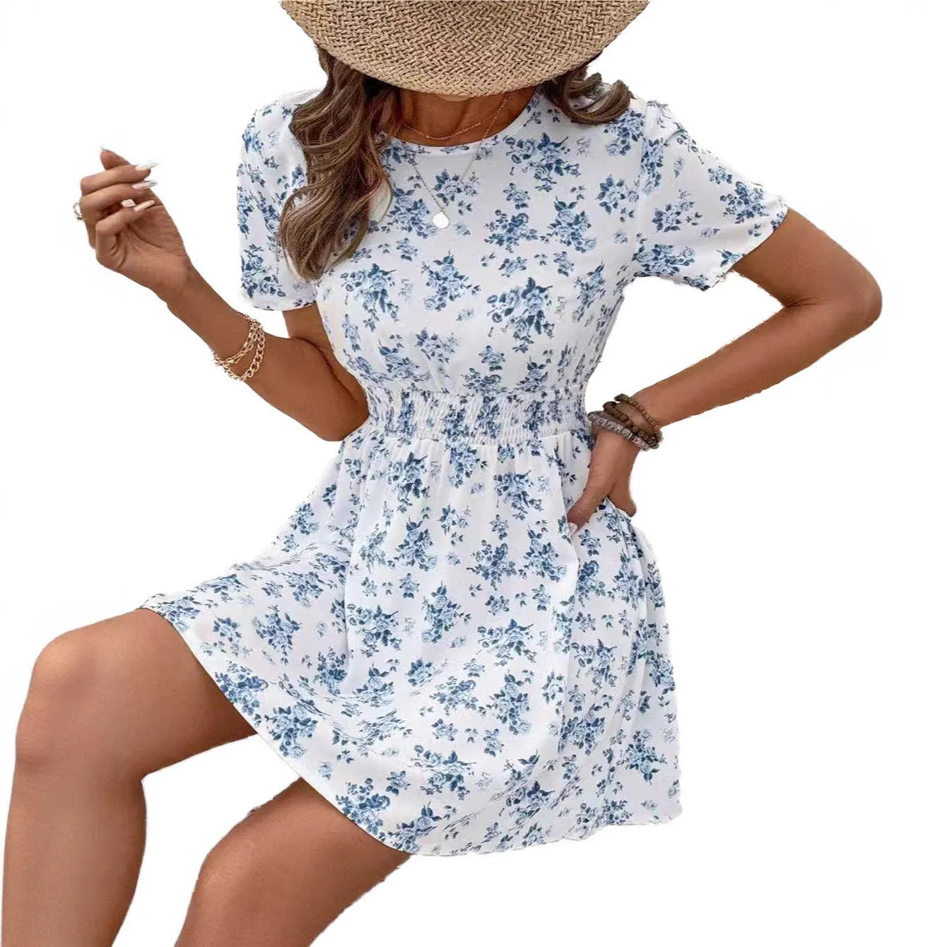 Light blue high-waisted A-line midi dress with regular sleeves on a mannequin.