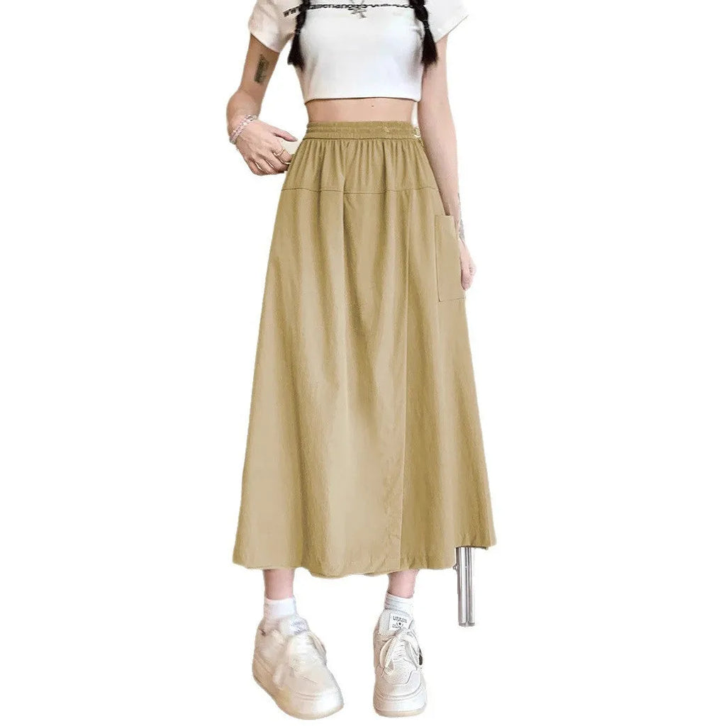 Camel coloured women's wide leg skirt with elastic waist and drape detailing