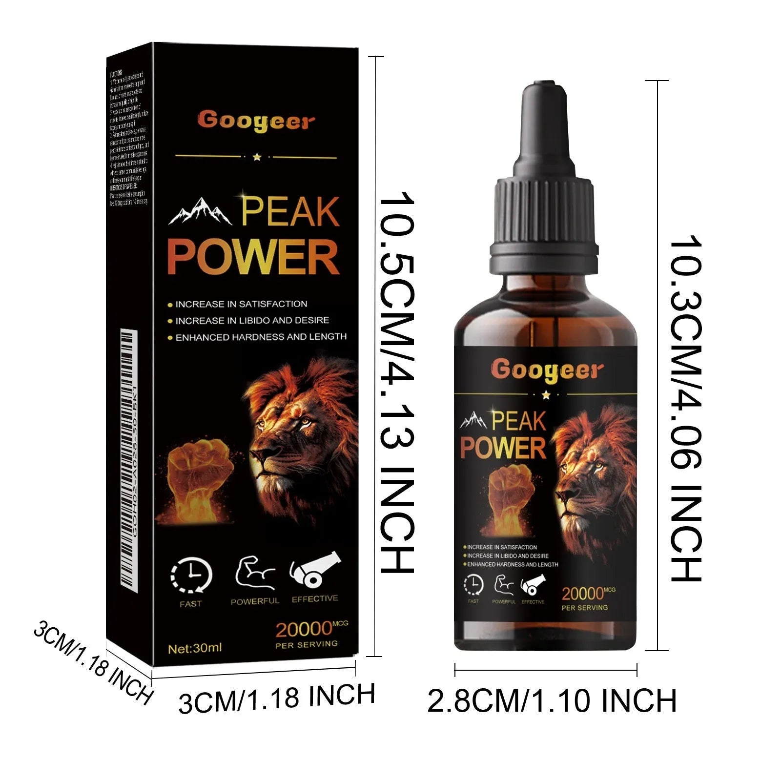 Googeer Peak Power Liquid Energy Supplement bottle containing 30ml of concentrated nutritional formula for adult health care.