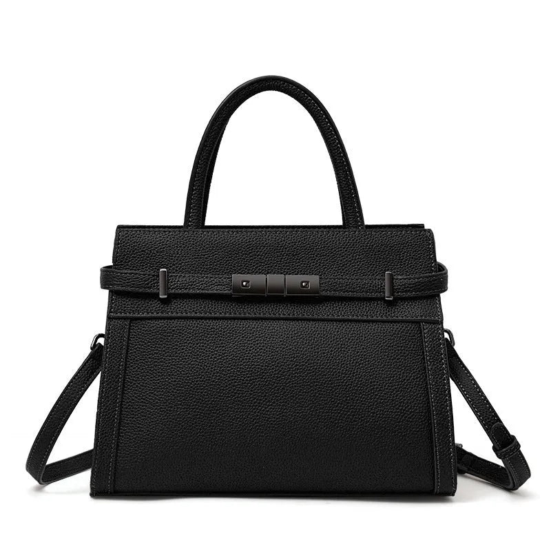 Women's genuine leather crossbody clamshell bag in horizontal square shape with multiple internal compartments