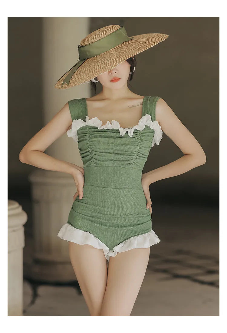 Korean style high-waisted one-piece swimsuit in quick-dry polyester fabric