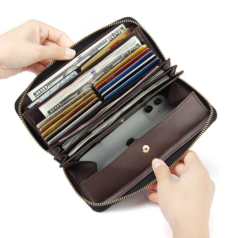 Women's long genuine leather wallet in six colour options showing storage compartments