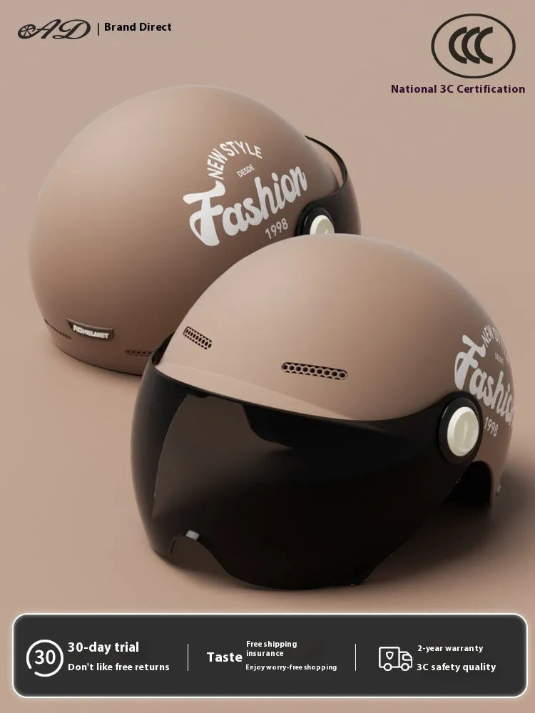Women's four seasons universal battery car half helmet ABS in cyan with detachable short sun protection glasses