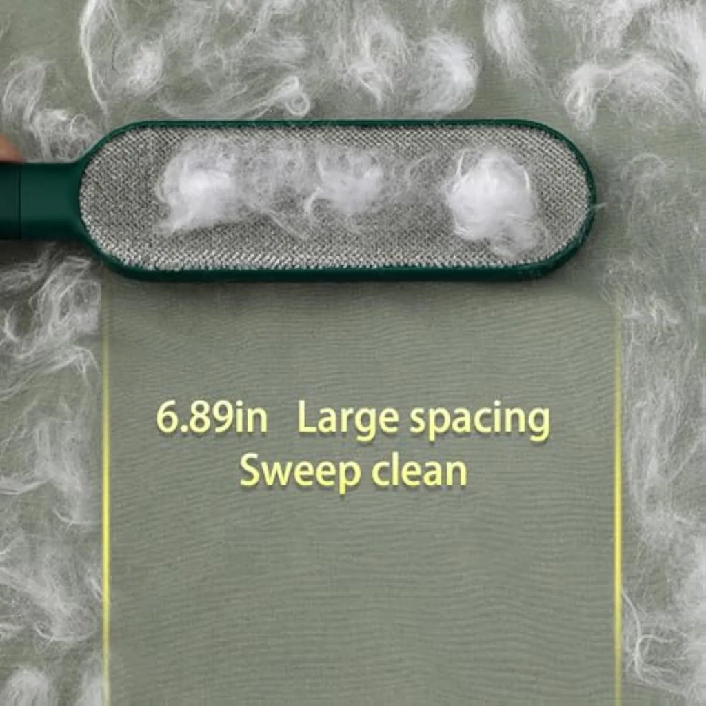 Blue green and white reusable pet hair remover brush with self-cleaning storage base.
