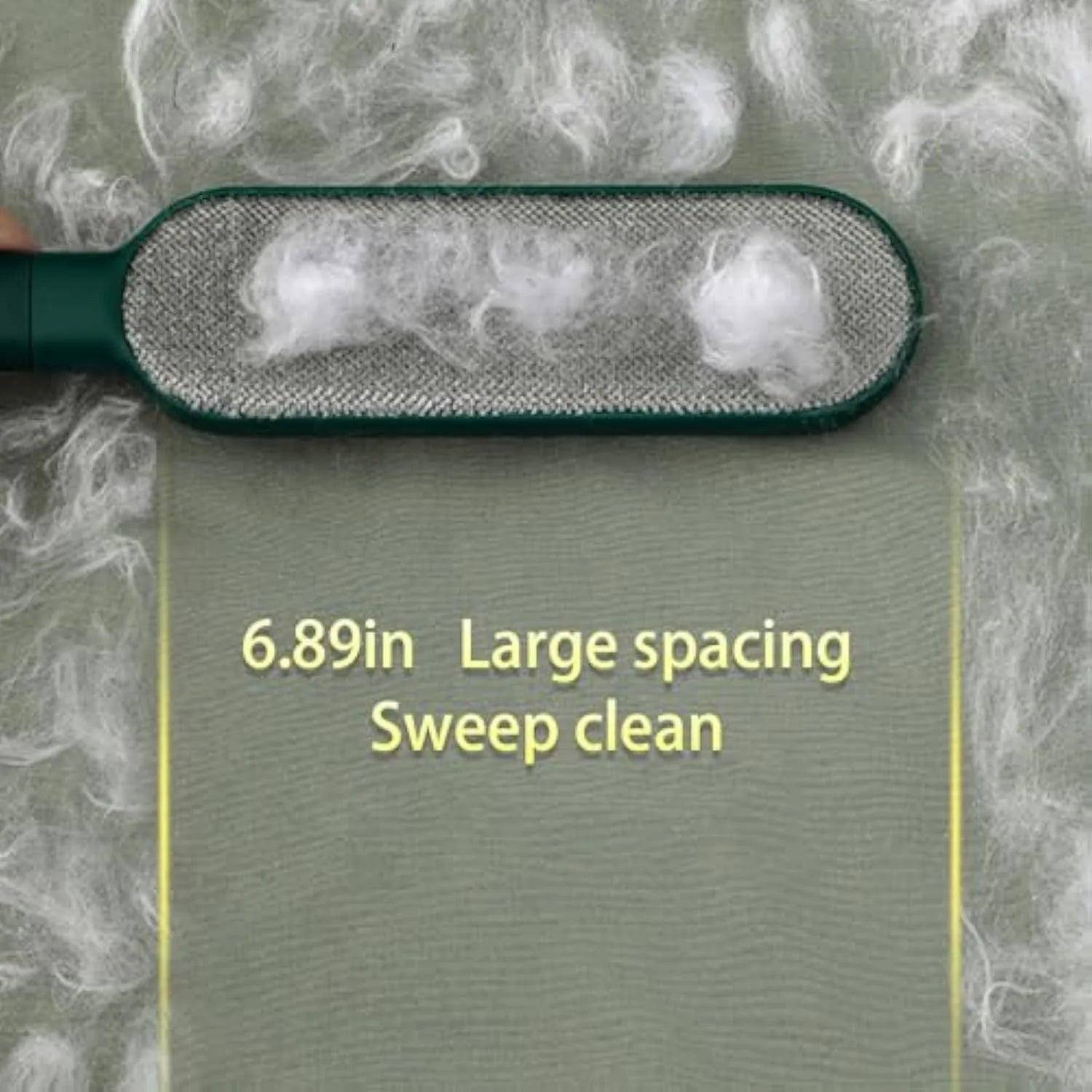 Blue green and white reusable pet hair remover brush with self-cleaning storage base.