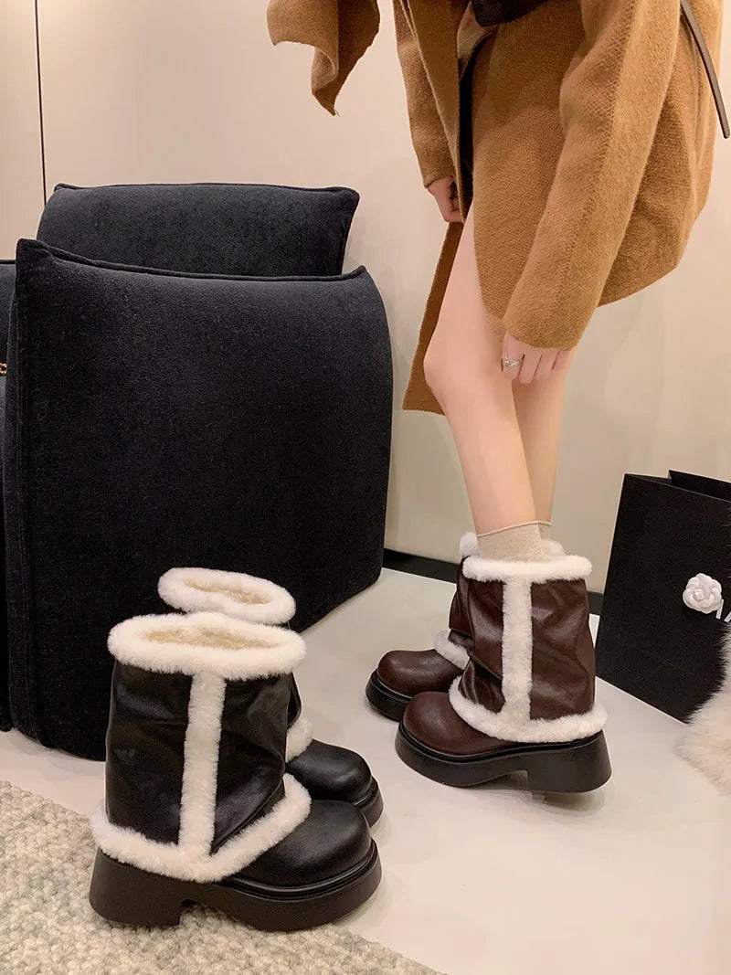 Women's winter faux fur lined short ankle booties with thick bottom and plush trim in black and brown